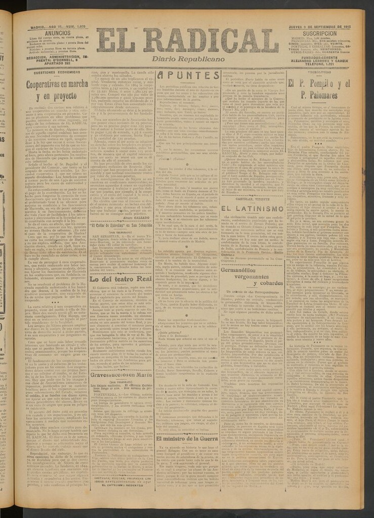 Miniatura de El Radical: diario republicano del 9 de septiembre de 1915
