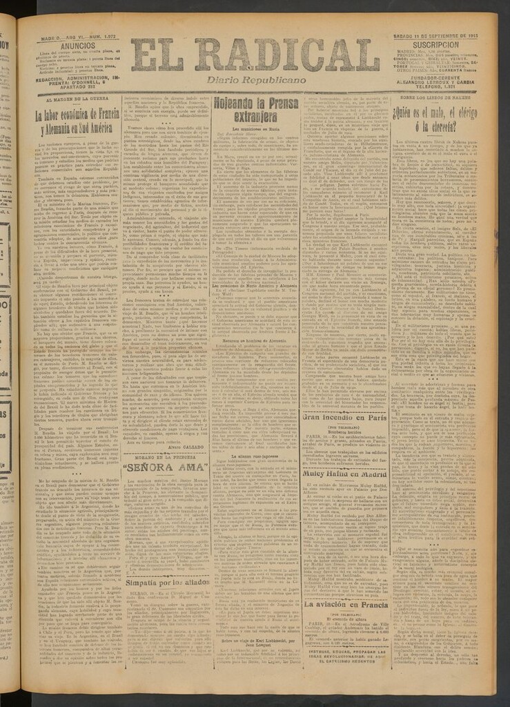 Miniatura de El Radical: diario republicano del 11 de septiembre de 1915