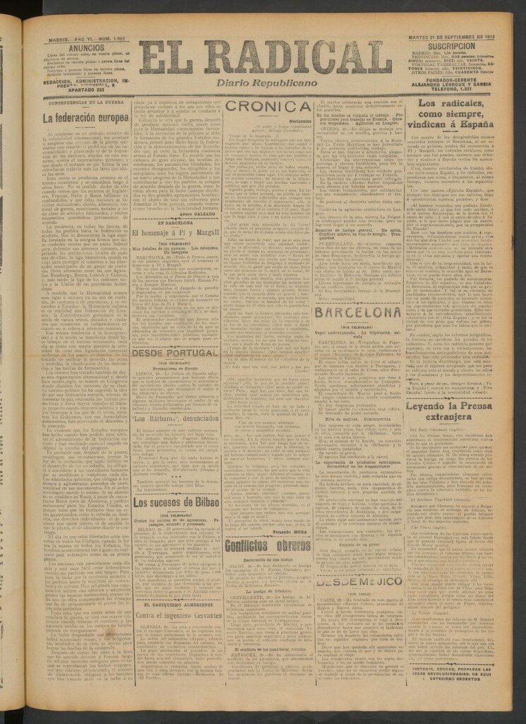 Miniatura de El Radical: diario republicano del 21 de septiembre de 1915