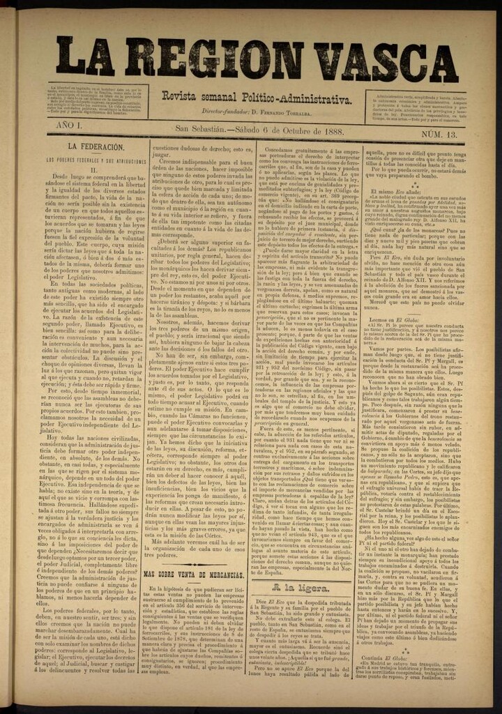 Miniatura de La Región Vasca del 6 de octubre de 1888. Número 13