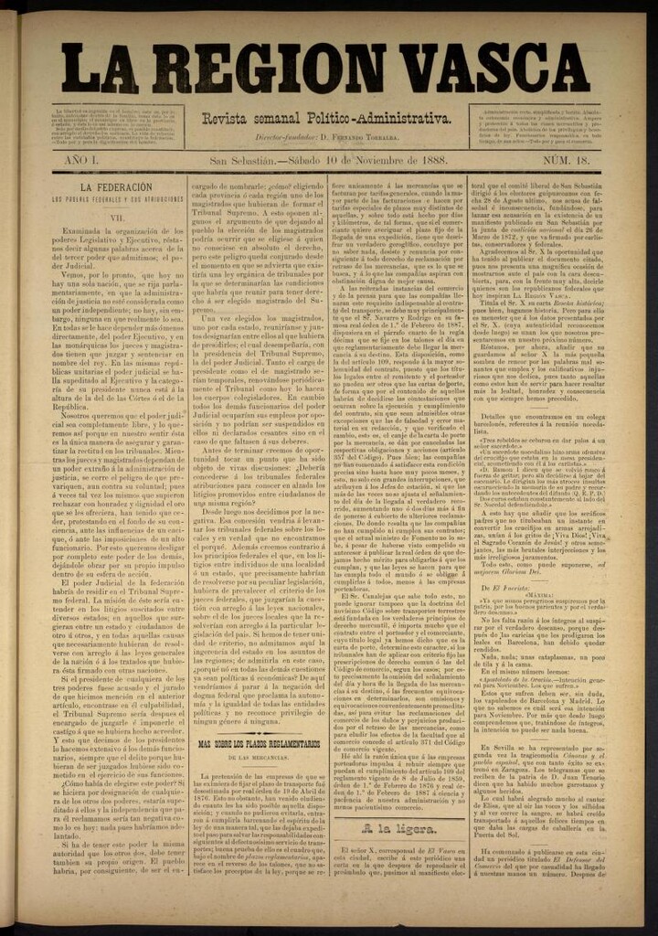 Miniatura de La Región Vasca del 10 de noviembre de 1888. Número 18