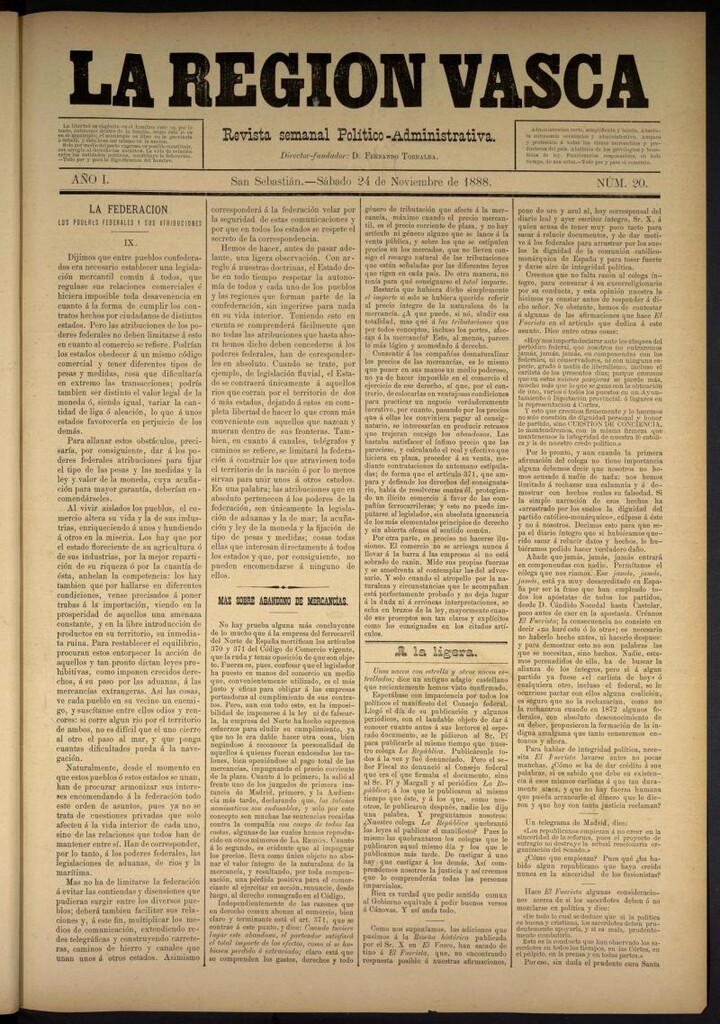 Miniatura de La Región Vasca del 24 de noviembre de 1888. Número 20