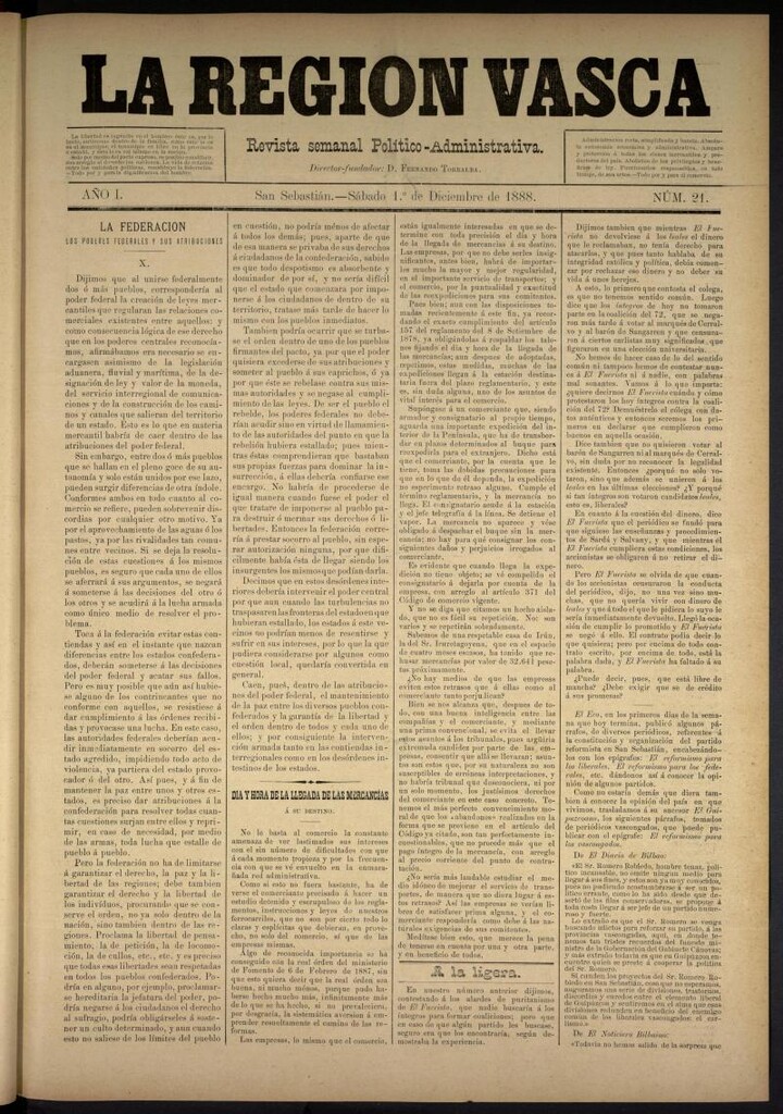 Miniatura de La Región Vasca de 1 de diciembre de 1888. Número 21