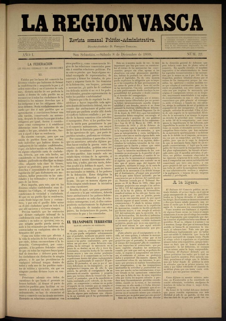Miniatura de La Región Vasca del 8 de diciembre de 1888. Número 22