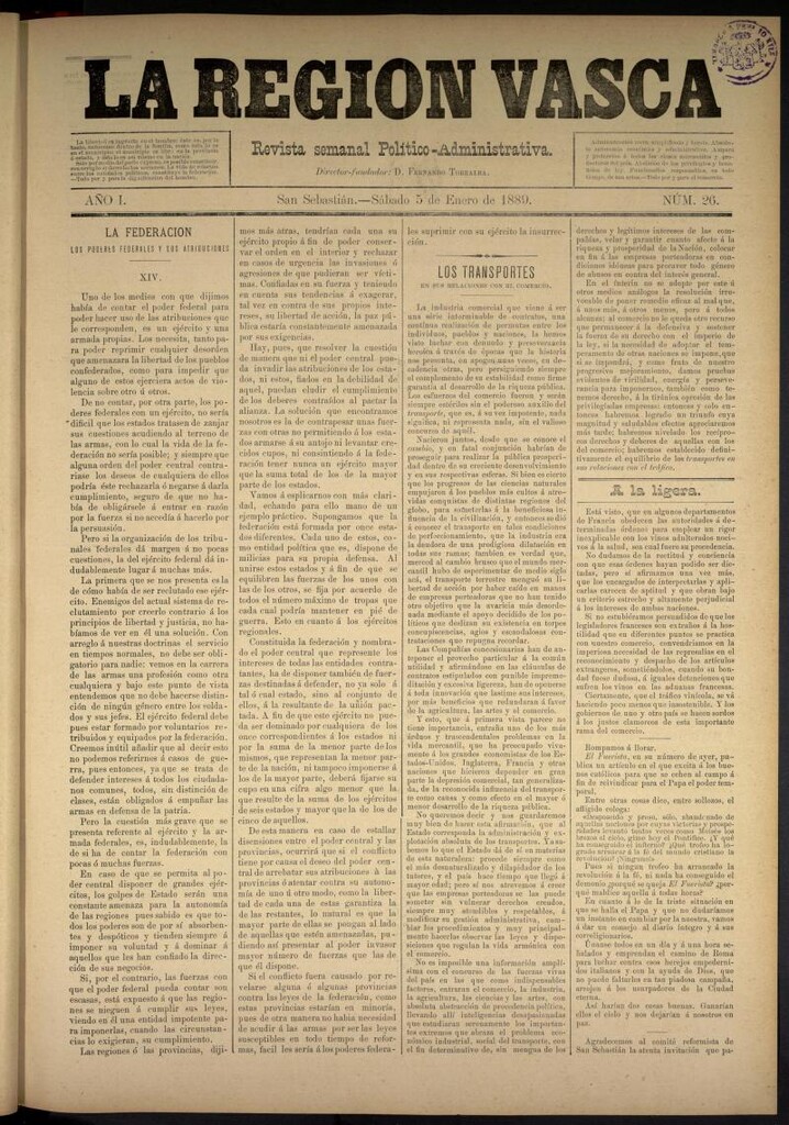 Miniatura de La Región Vasca del 5 de enero de 1889. Número 26