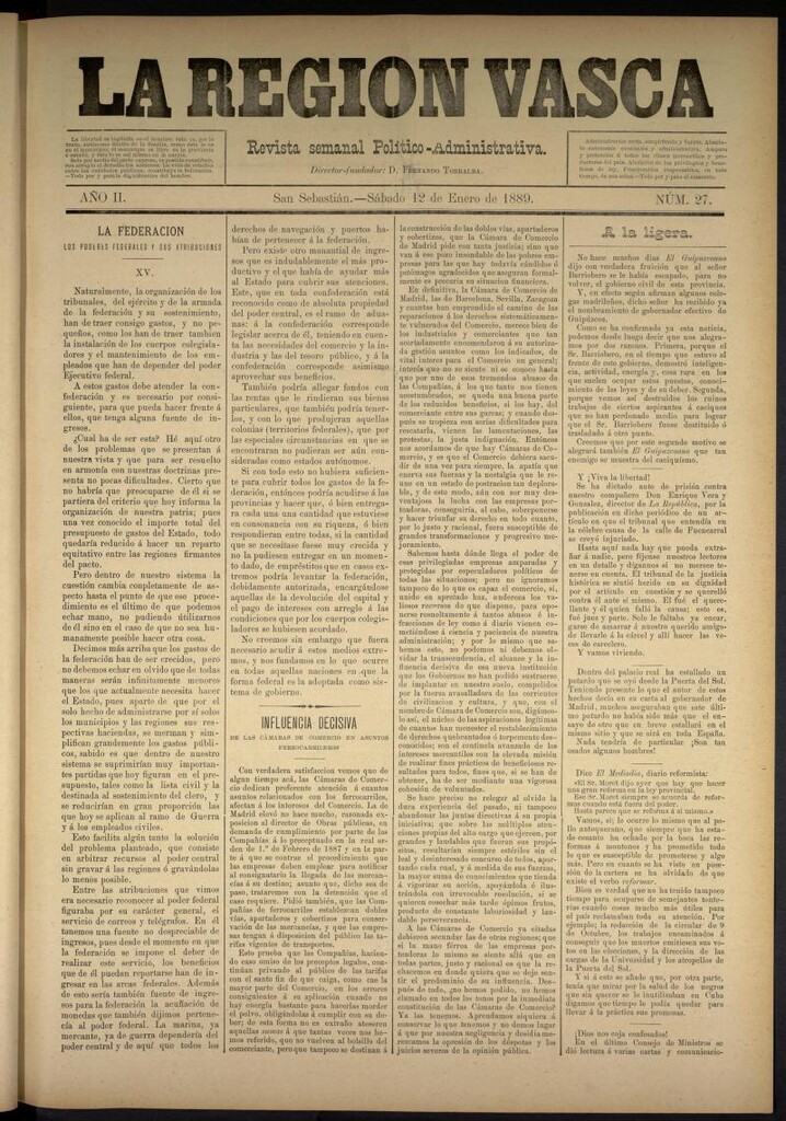 Miniatura de La Región Vasca del 12 de enero de 1889. Número 27