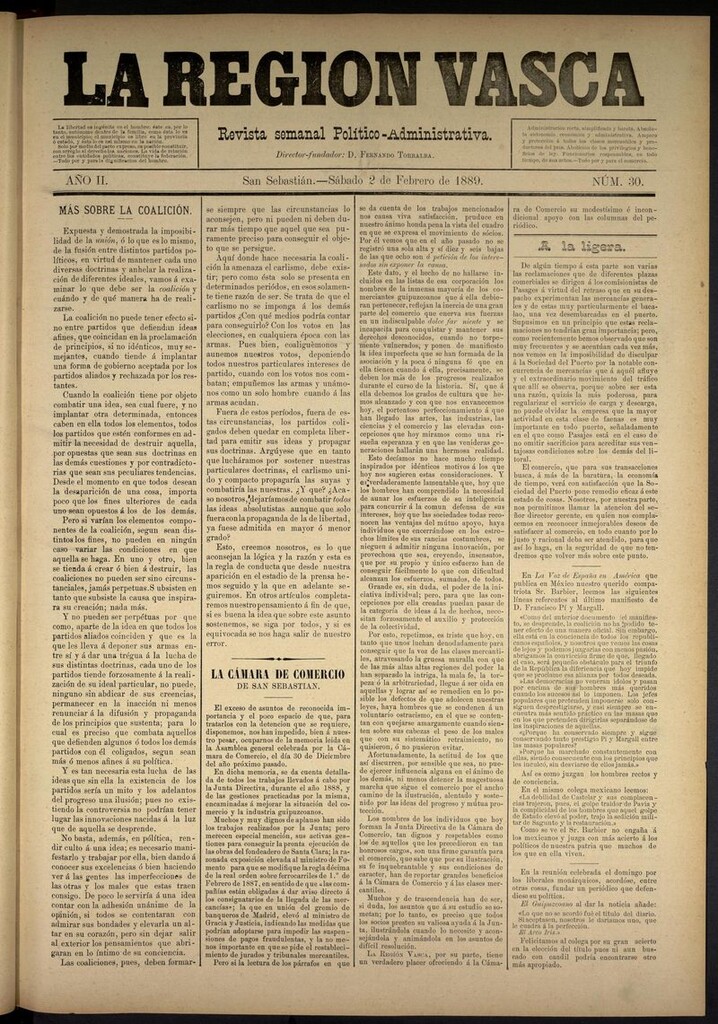 Miniatura de La Región Vasca : revista semanal político-administrativa del 2 de febrero de 1889. Número 30