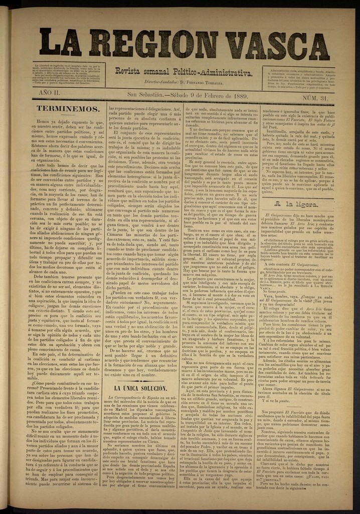 Miniatura de La Región Vasca : revista semanal político-administrativa del 9 de febrero de 1889. Número 31