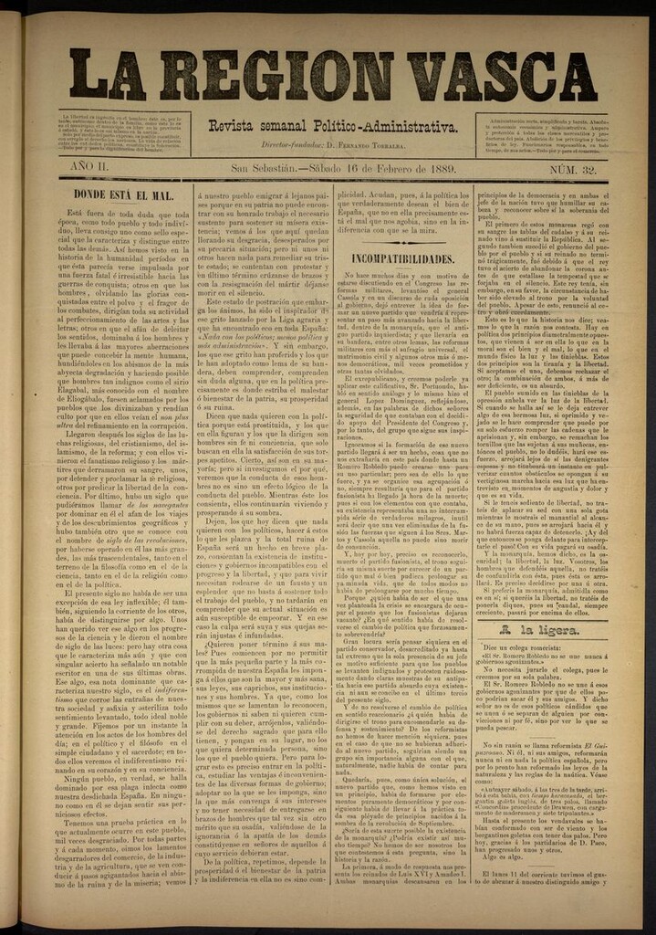 Miniatura de La Región Vasca : revista semanal político-administrativa del 16 de febrero de 1889. Número 32