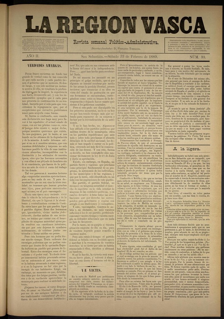Miniatura de La Región Vasca : revista semanal político-administrativa del 23 de febrero de 1889. Número 33