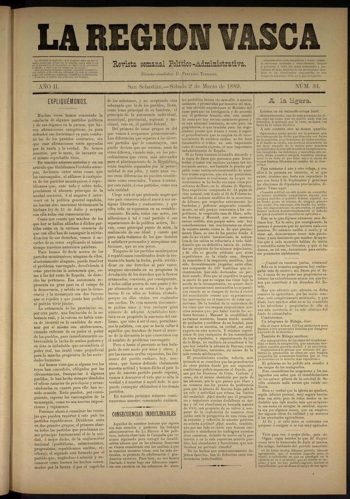 Miniatura de La Región Vasca : revista semanal político-administrativa del 2 de marzo de 1889. Número 34