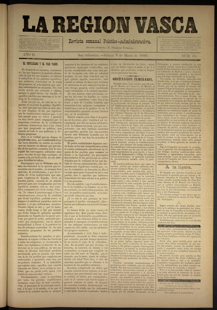 Miniatura de La Región Vasca : revista semanal político-administrativa del 9 de marzo de 1889. Número 35