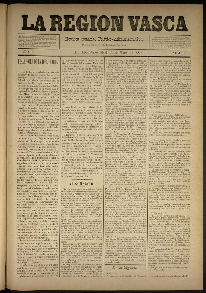 Miniatura de La Región Vasca : revista semanal político-administrativa del 23 de marzo de 1889. Número 37