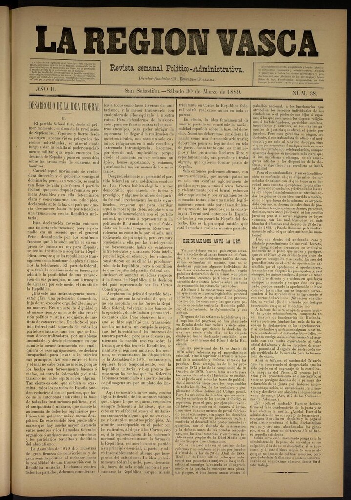 Miniatura de La Región Vasca : revista semanal político-administrativa del 30 de marzo de 1889. Número 38