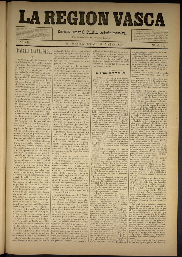 Miniatura de La Región Vasca : revista semanal político-administrativa del 6 de abril de 1889. Número 39