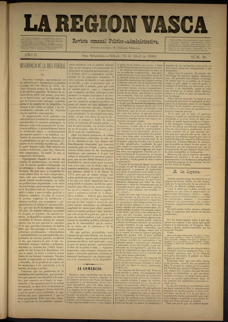 Miniatura de La Región Vasca : revista semanal político-administrativa del 13 de abril de 1889. Número 40