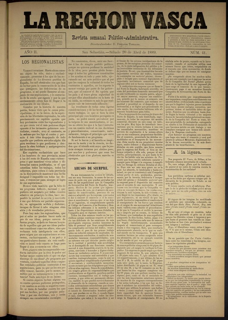 Miniatura de La Región Vasca : revista semanal político-administrativa del 20 de abril de 1889. Número 41