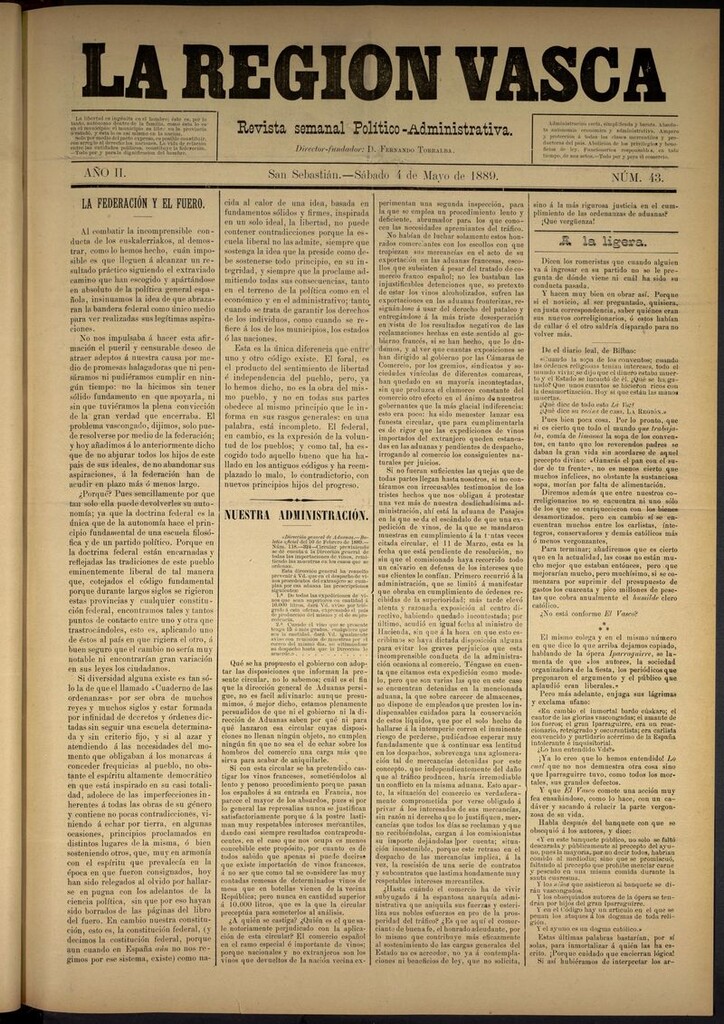 Miniatura de La Región Vasca : revista semanal político-administrativa del 4 de mayo de 1889. Número 43