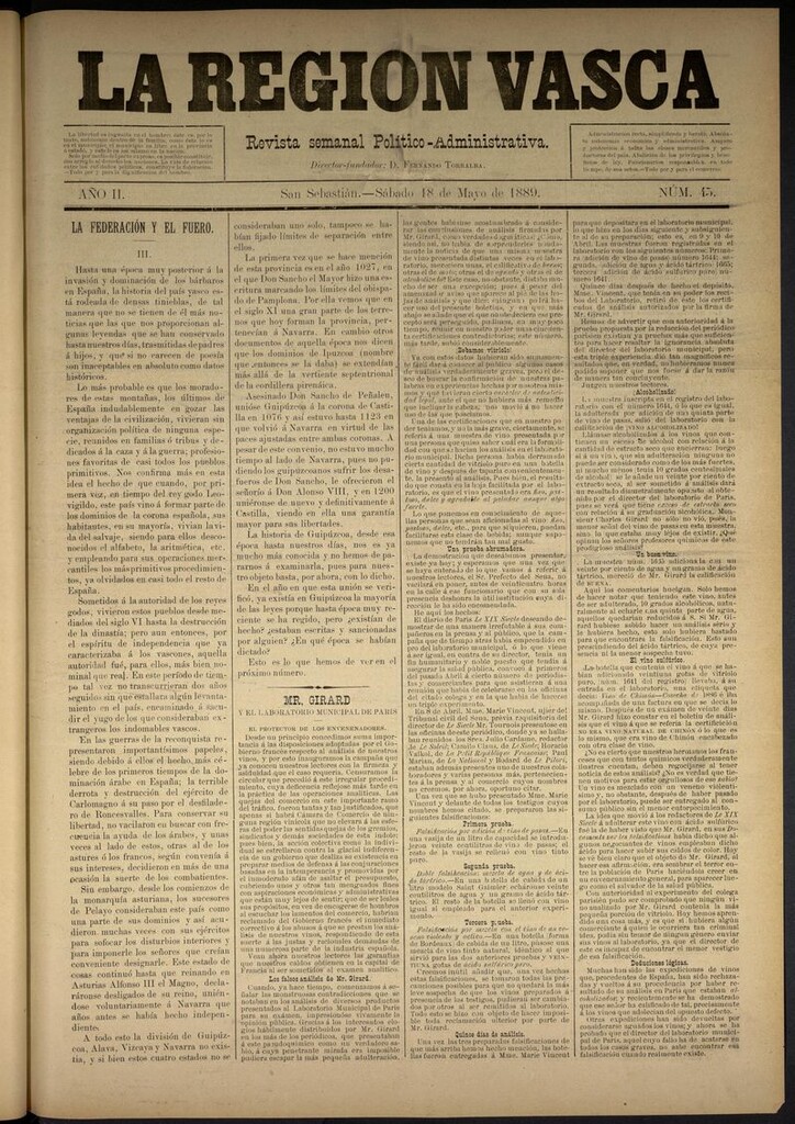 Miniatura de La Región Vasca : revista semanal político-administrativa del 18 de mayo de 1889. Número 45