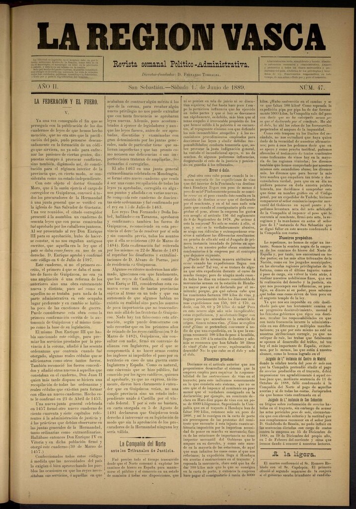 Miniatura de La Región Vasca : revista semanal político-administrativa del 1 de junio de 1889. Número 47