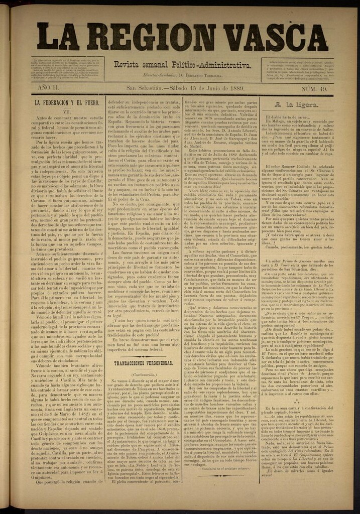Miniatura de La Región Vasca : revista semanal político-administrativa del 15 de junio de 1889. Número 49