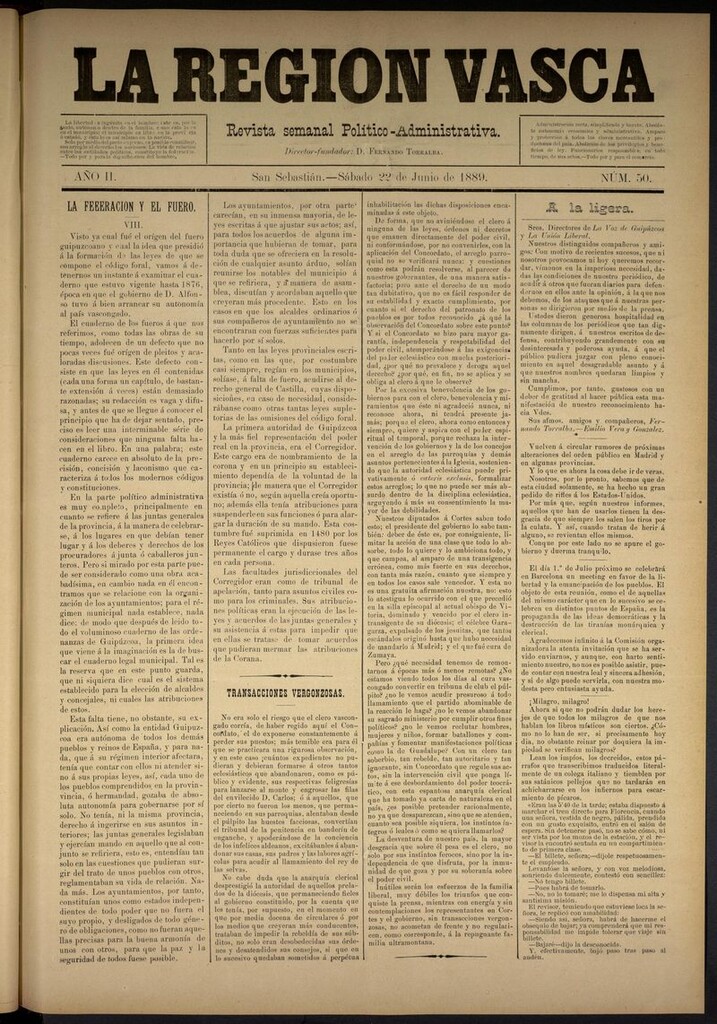 Miniatura de La Región Vasca : revista semanal político-administrativa del 22 de junio de 1889. Número 50