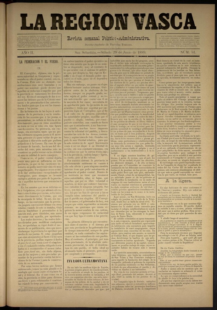 Miniatura de La Región Vasca : revista semanal político-administrativa del 29 de junio de 1889. Número 51