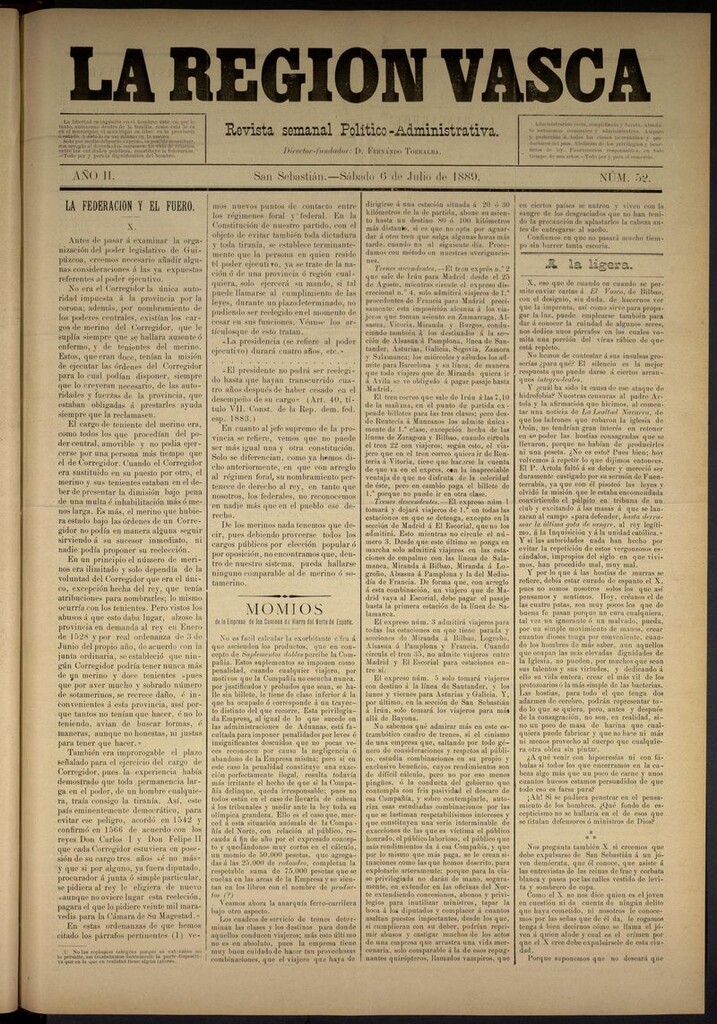 Miniatura de La Región Vasca : revista semanal político-administrativa del 6 de julio de 1889. Número 52