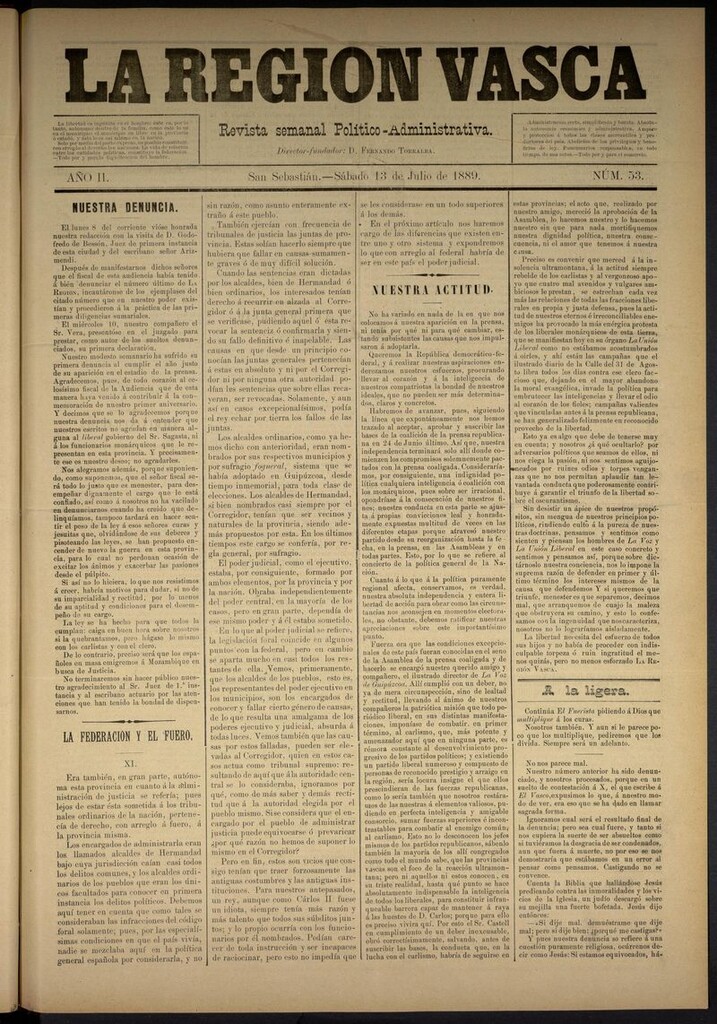 Miniatura de La Región Vasca : revista semanal político-administrativa del 13 de julio de 1889. Número 53