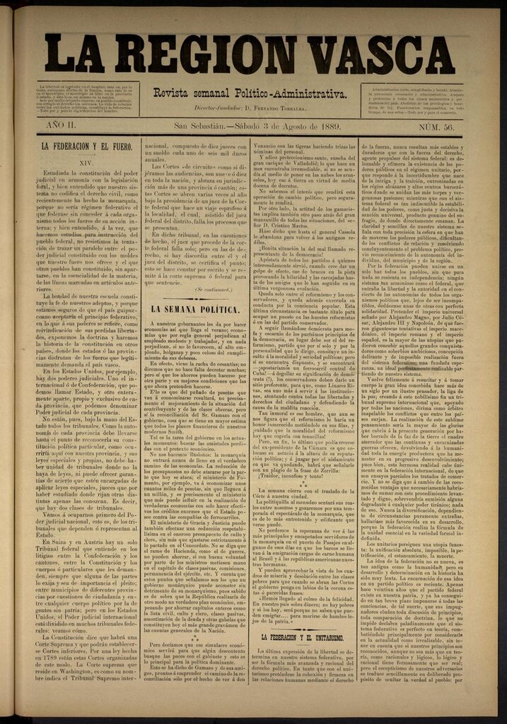 Miniatura de La Región Vasca : revista semanal político-administrativa del 3 de agosto de 1889. Número 56