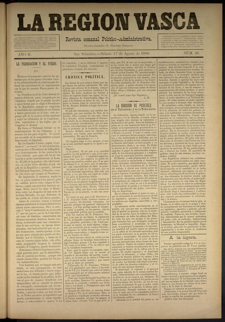 Miniatura de La Región Vasca : revista semanal político-administrativa del 17 de agosto de 1889. Número 58