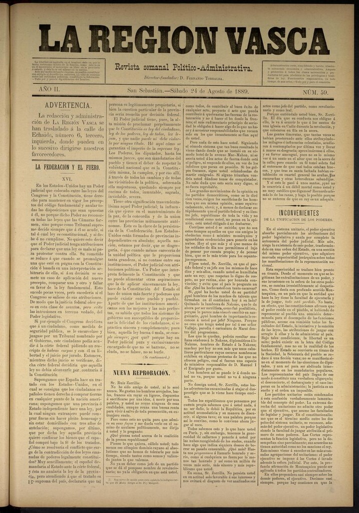 Miniatura de La Región Vasca : revista semanal político-administrativa del 24 de agosto de 1889. Número 59