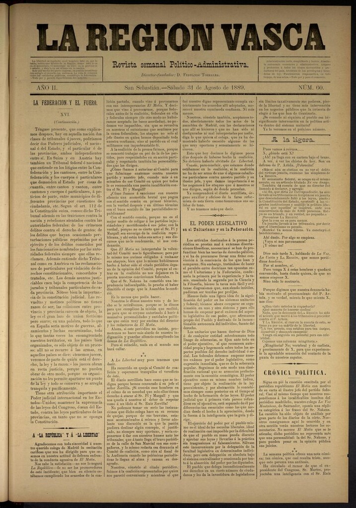 Miniatura de La Región Vasca : revista semanal político-administrativa del 31 de agosto de 1889. Número 60