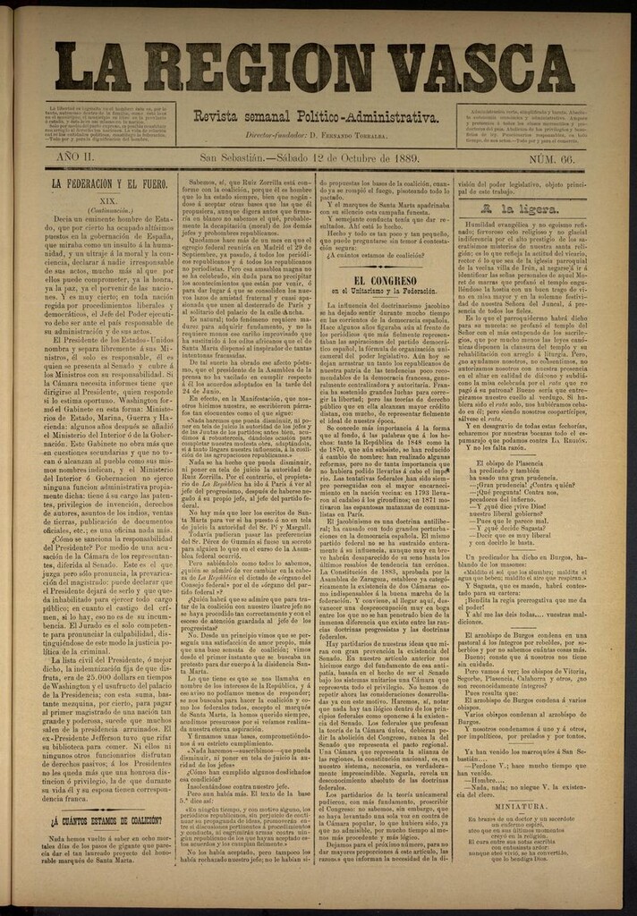Miniatura de La Región Vasca : revista semanal político-administrativa del 12 de octubre de 1889. Número 66