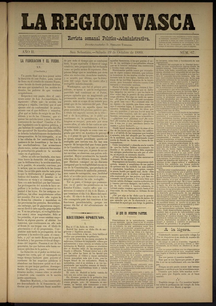 Miniatura de La Región Vasca : revista semanal político-administrativa del 19 de octubre de 1889. Número 67