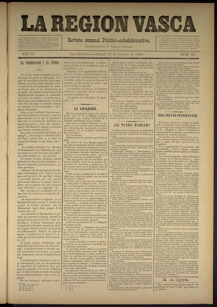 Miniatura de La Región Vasca : revista semanal político-administrativa del 26 de octubre de 1889. Número 68