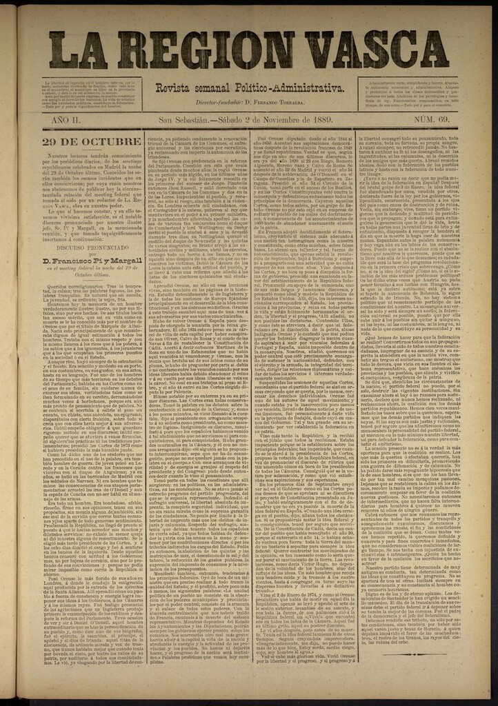 Miniatura de La Región Vasca : revista semanal político-administrativa del 2 de noviembre de 1889. Número 69