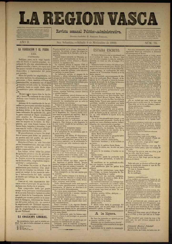 Miniatura de La Región Vasca : revista semanal político-administrativa del 9 de noviembre de 1889. Número 70