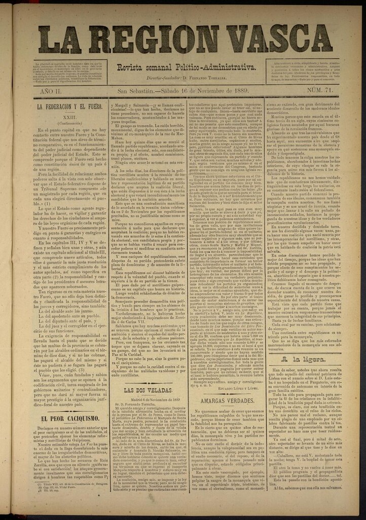 Miniatura de La Región Vasca : revista semanal político-administrativa del 16 de noviembre de 1889. Número 71
