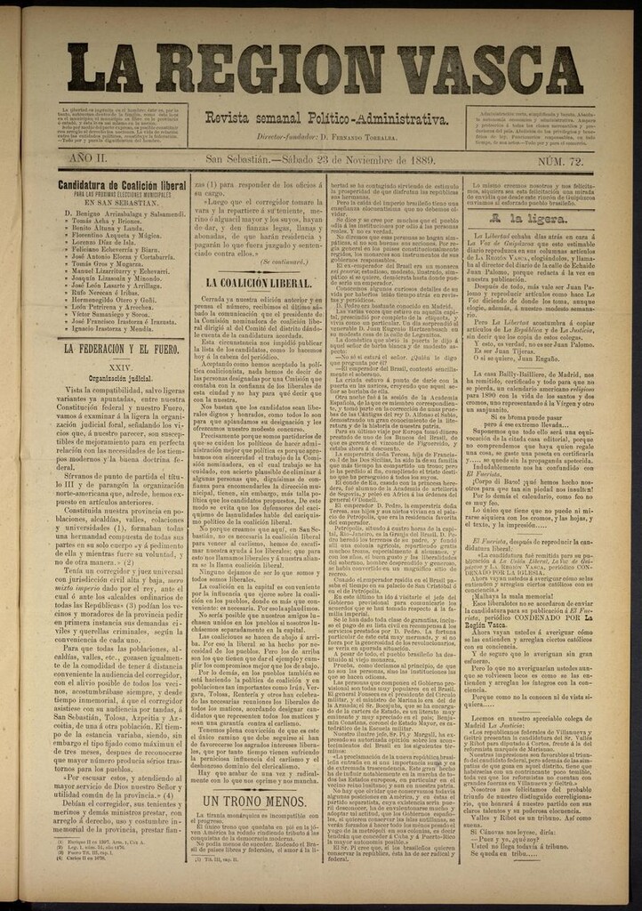 Miniatura de La Región Vasca : revista semanal político-administrativa del 23 de noviembre de 1889. Número 72