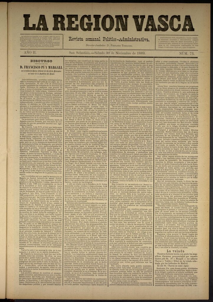 Miniatura de La Región Vasca : revista semanal político-administrativa del 30 de noviembre de 1889. Número 73