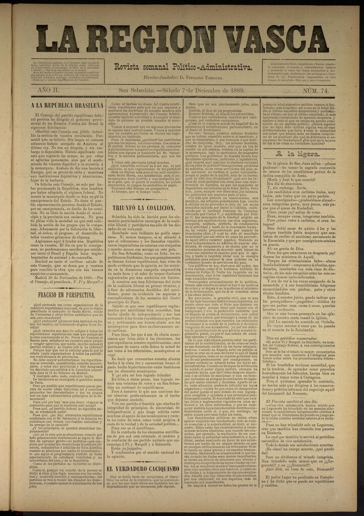 Miniatura de La Región Vasca : revista semanal político-administrativa del 7 de diciembre de 1889. Número 74