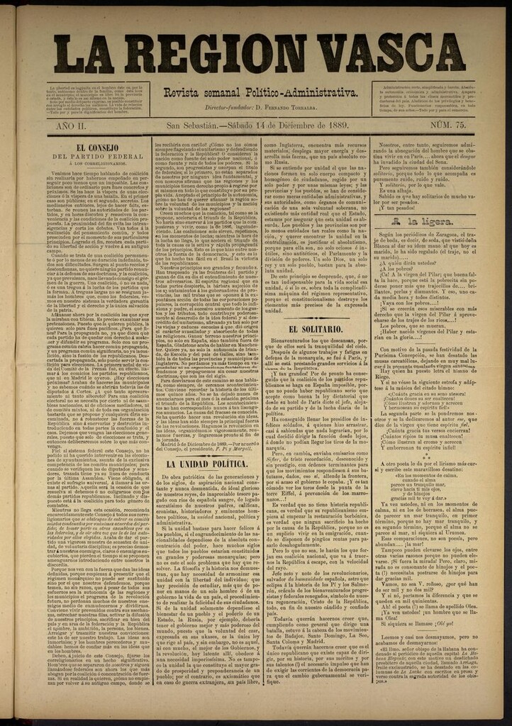 Miniatura de La Región Vasca : revista semanal político-administrativa del 14 de diciembre de 1889. Número 75