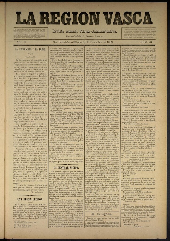 Miniatura de La Región Vasca : revista semanal político-administrativa del 21 de diciembre de 1889. Número 76