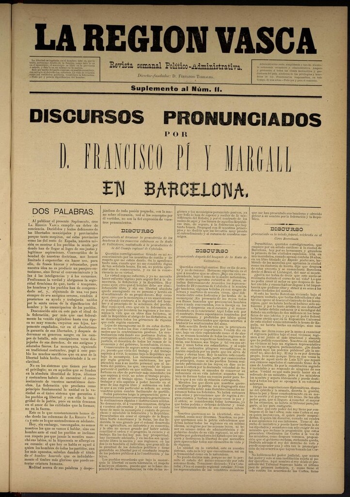 Miniatura de La Región Vasca : revista semanal político-administrativa. Suplemento al número 11. Discursos pronunciados por D. Francisco Pi y Margall en Barcelona