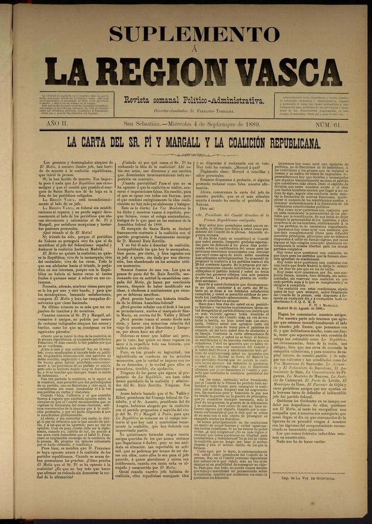 Miniatura de Suplemento a la La Región Vasca : revista semanal político-administrativa. 4 de septiembre de 1889. Número 61. La carta del Sr. Pi y Margall y la Coalición republicana
