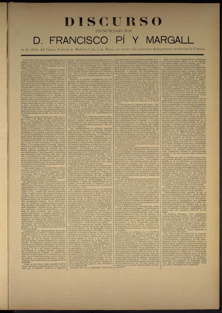 Miniatura de Suplemento de La Región Vasca : Discurso pronunciado por D. Francisco Pi y Margall en la velada del Casino Federal de Madrid el día 5 de mayo con motivo del centenario centenario de la primera revolución de Francia