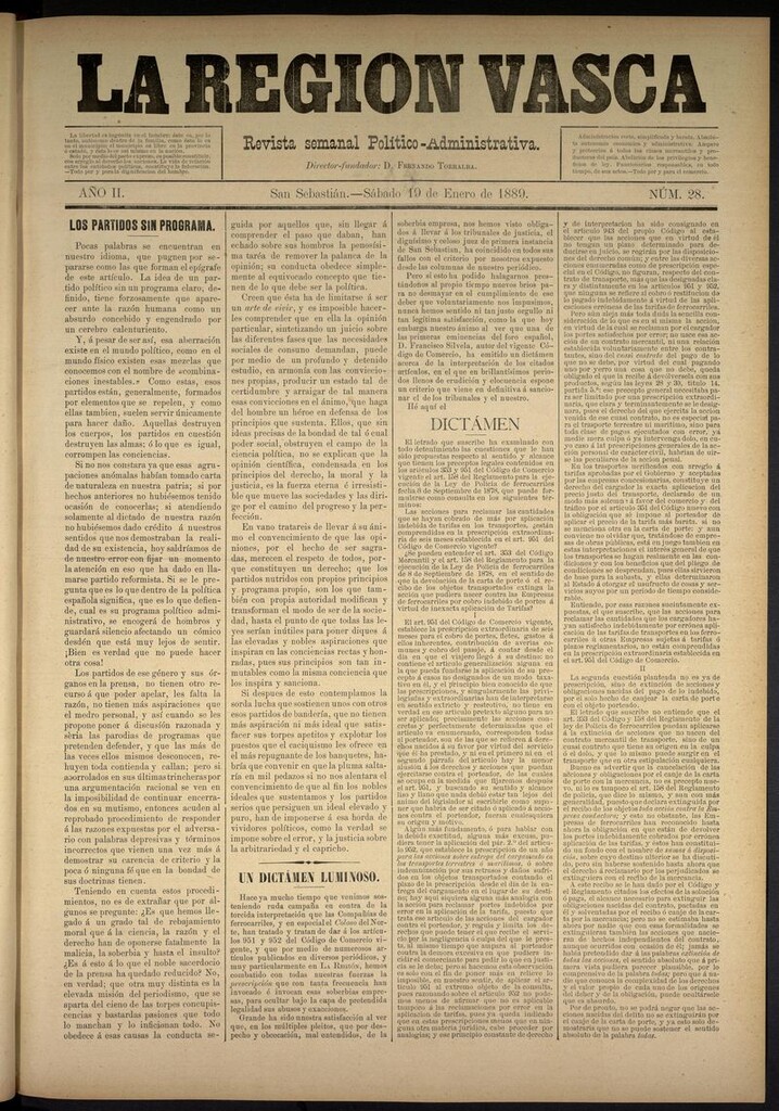 Miniatura de La Región Vasca : revista semanal político-administrativa del 19 de enero de 1889. Número 28