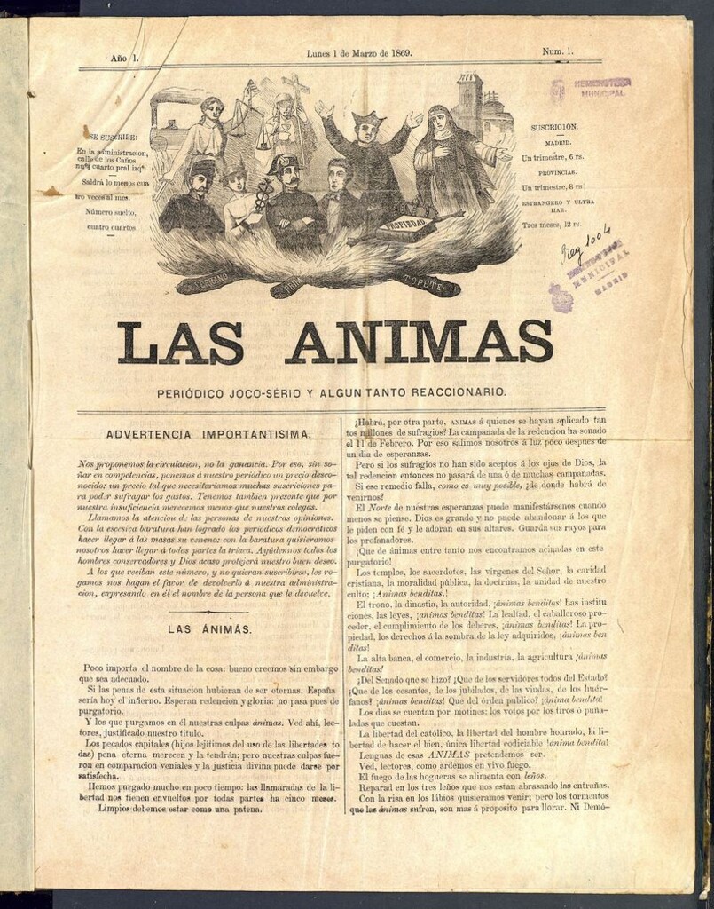 Miniatura de Las Ánimas: Periódico joco-serio y un tanto reaccionario. Lunes 1 de marzo de 1869