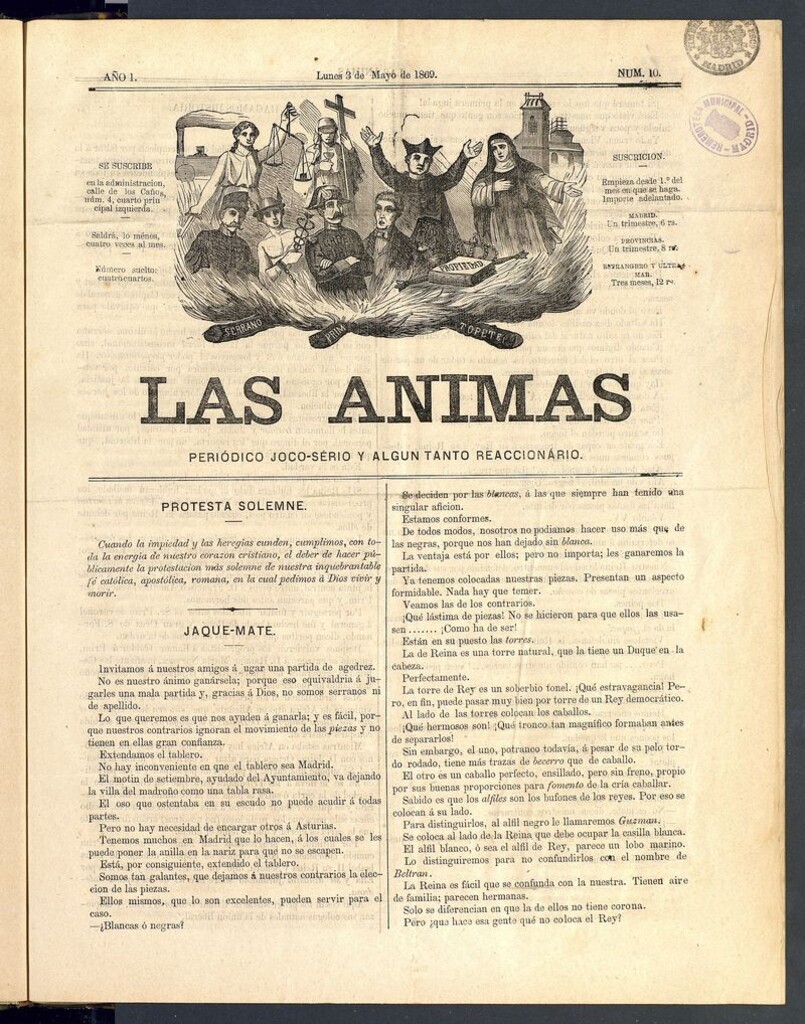 Miniatura de Las Ánimas: Periódico joco-serio y un tanto reaccionario. Lunes 3 de mayo de 1869